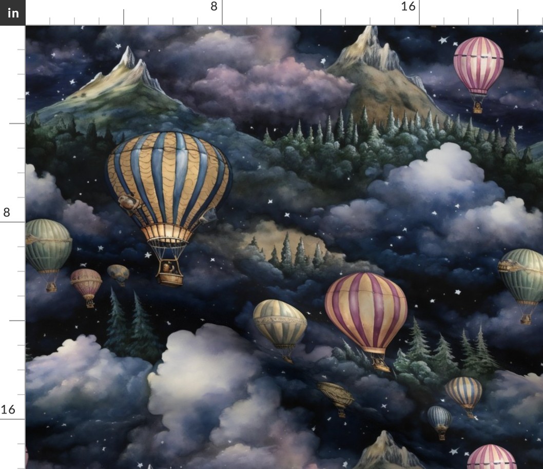 Hot Air Balloons, Colorful Watercolor Fantasy Rainbow, Clouds Sky Stars Steampunk, Night