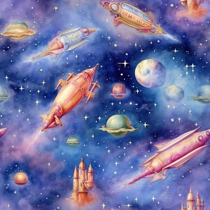 Rocketship Rocket Stars Planets Space, Colorful Watercolor Fantasy Rainbow, Blue Clouds