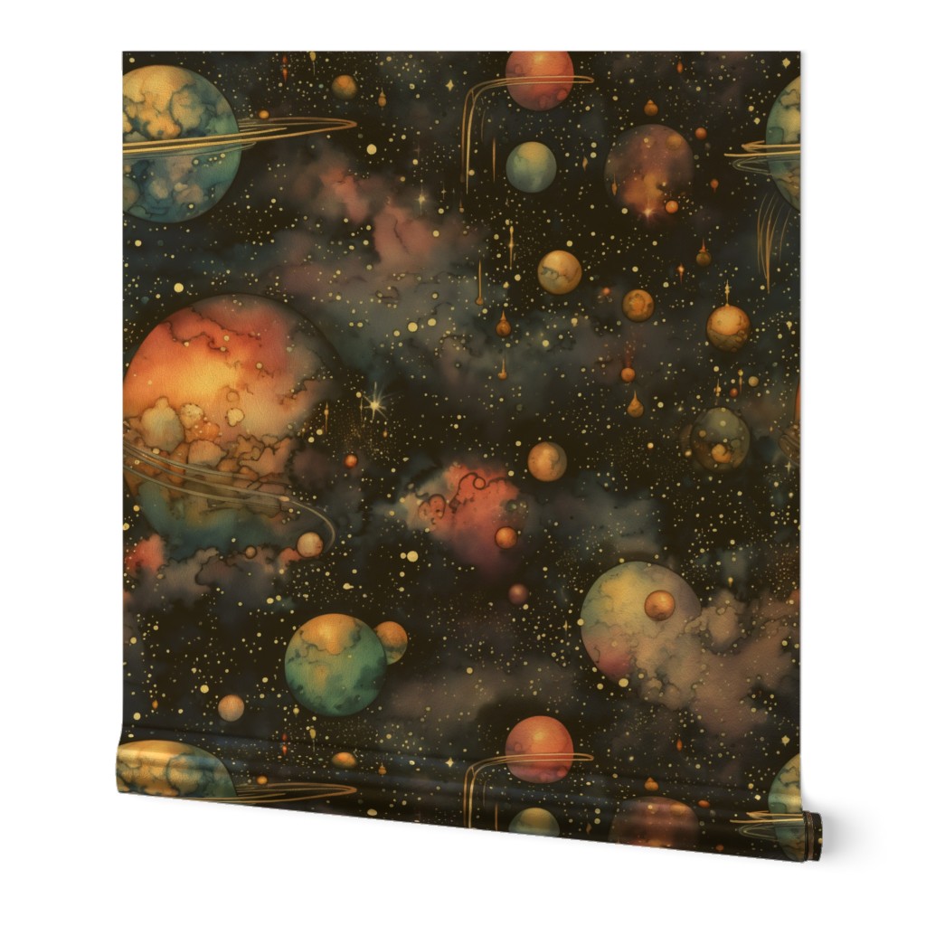 Space Planets Stars, Colorful Watercolor Fantasy Rainbow, Outer Space