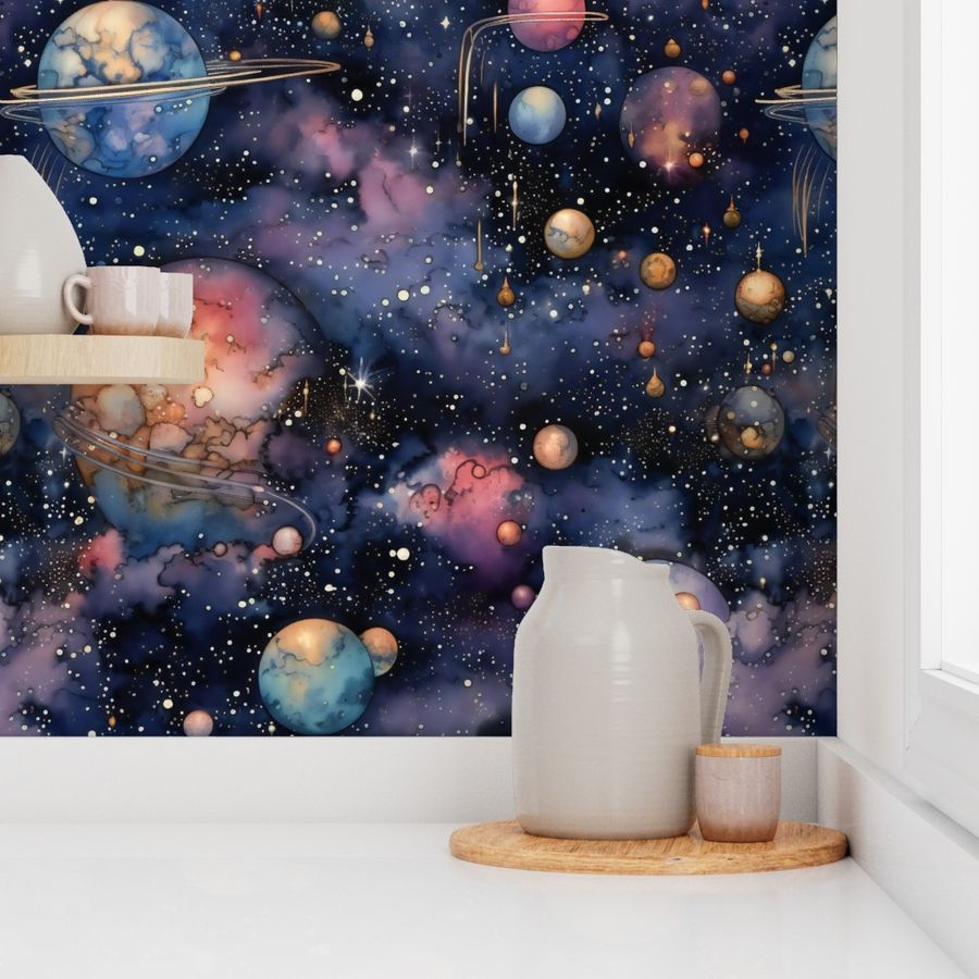 Space Planets Stars Colorful Watercolor Fantasy Rainbow Outer Space