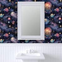 Space Planets Stars, Colorful Watercolor Fantasy Rainbow, Outer Space