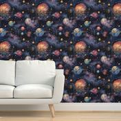 Space Planets Stars, Colorful Watercolor Fantasy Rainbow, Outer Space