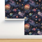 Space Planets Stars, Colorful Watercolor Fantasy Rainbow, Outer Space