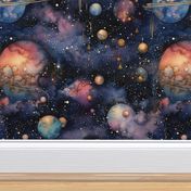 Space Planets Stars, Colorful Watercolor Fantasy Rainbow, Outer Space