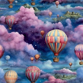 Hot Air Balloons, Colorful Watercolor Fantasy Rainbow, Clouds Sky Stars Steampunk, Purple