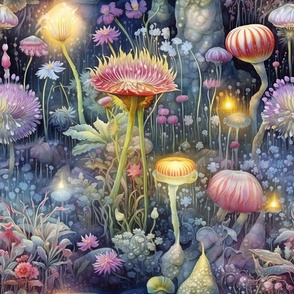 Glowing Alien Outer Space Flora Flowers, Colorful Watercolor Fantasy Rainbow, Stars Luminous