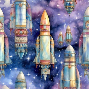 Rocketship Rocket Stars Planets Space, Colorful Watercolor Fantasy Rainbow, Dark Clouds
