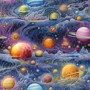 Space Planets Stars, Colorful Watercolor Fantasy Rainbow, Outer Space Nebula, Wispy Clouds