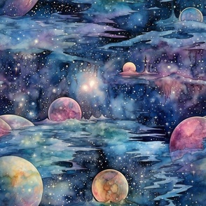 Space Planets Stars, Colorful Watercolor Fantasy Rainbow, Outer Space Nebula, Clouds
