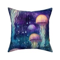 Glowing Jellyfish Jelly Fish, Colorful Watercolor Fantasy Rainbow, Luminous Space Purple Jellies