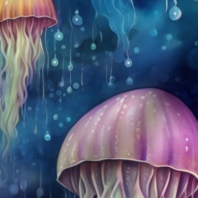 Glowing Jellyfish Jelly Fish, Colorful Watercolor Fantasy Rainbow, Luminous Space Purple Jellies