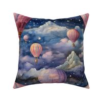 Hot Air Balloons, Colorful Watercolor Fantasy Rainbow, Clouds Sky Stars Steampunk, Pink Hues