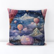 Hot Air Balloons, Colorful Watercolor Fantasy Rainbow, Clouds Sky Stars Steampunk, Pink Hues