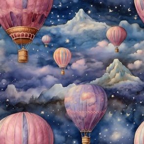 Hot Air Balloons, Colorful Watercolor Fantasy Rainbow, Clouds Sky Stars Steampunk, Pink Hues