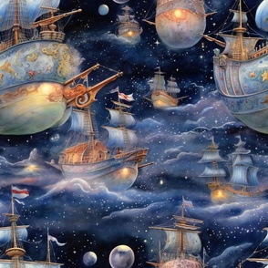 Airship Steampunk Zeppelin Ship Sail Boat Space, Colorful Watercolor Fantasy Rainbow, Night Sky