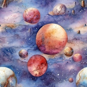 Space Planets Stars, Colorful Watercolor Fantasy Rainbow, Outer Space Nebula, Lavender Clouds