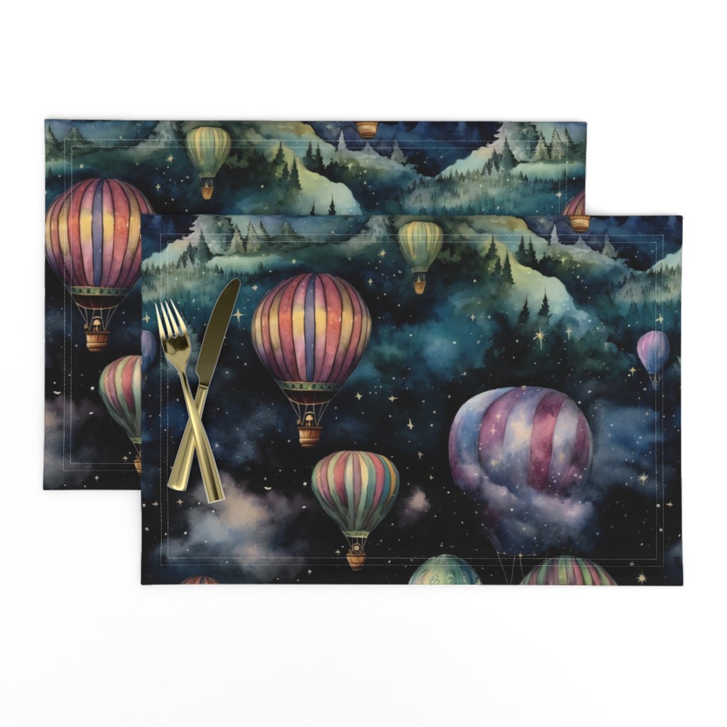 Hot Air Balloons, Colorful Watercolor Fantasy Rainbow, Clouds Sky Stars Steampunk