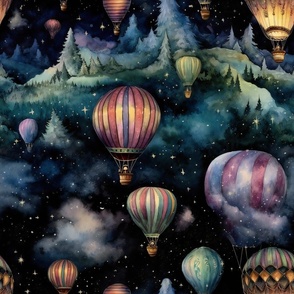 Hot Air Balloons, Colorful Watercolor Fantasy Rainbow, Clouds Sky Stars Steampunk, Carnival