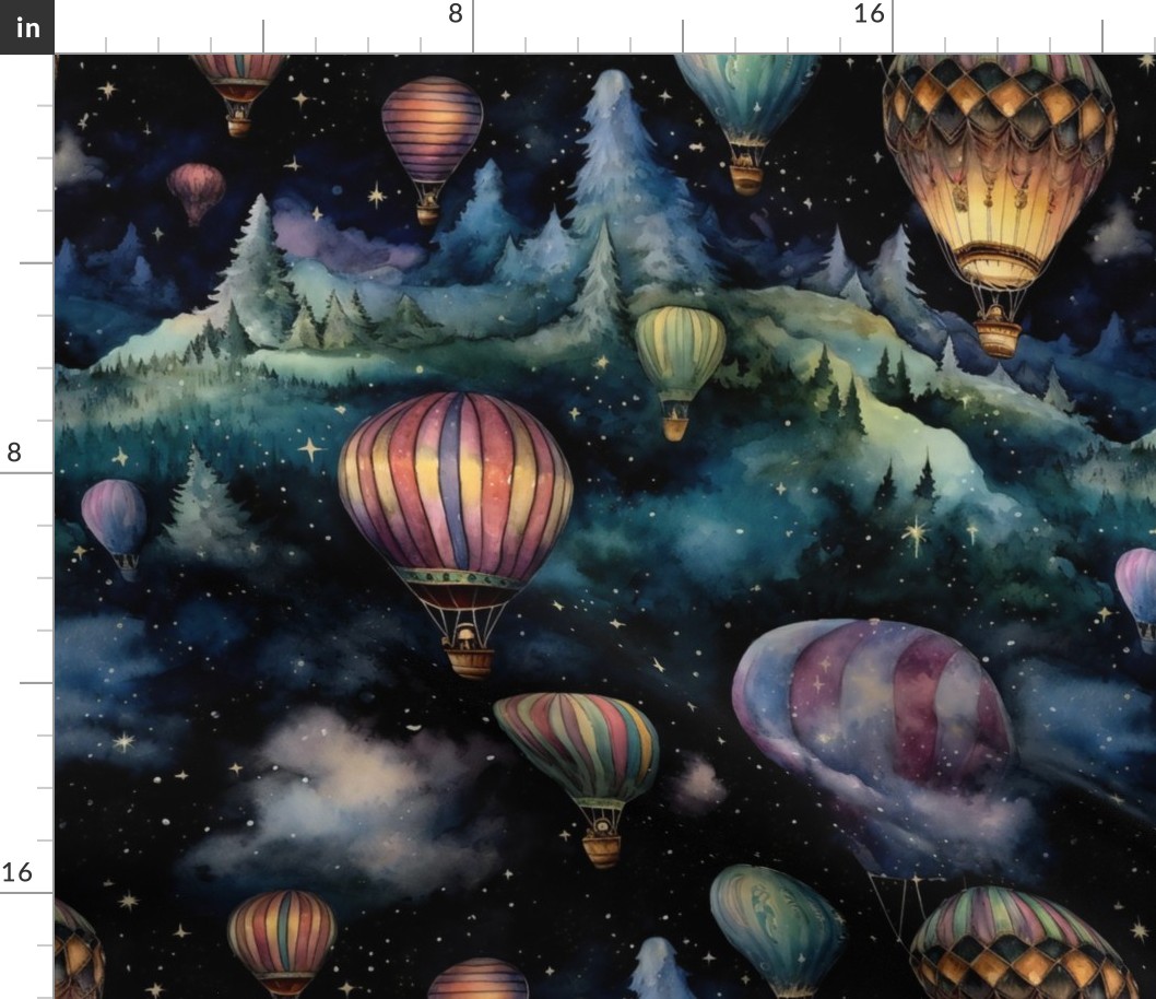 Hot Air Balloons, Colorful Watercolor Fantasy Rainbow, Clouds Sky Stars Steampunk