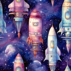 Rocketship Rocket Stars Planets Space, Colorful Watercolor Fantasy Rainbow, Puffy Clouds