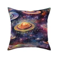 UFO Spaceship Space Stars, Colorful Watercolor Fantasy Rainbow, Outer Space, Fantastic