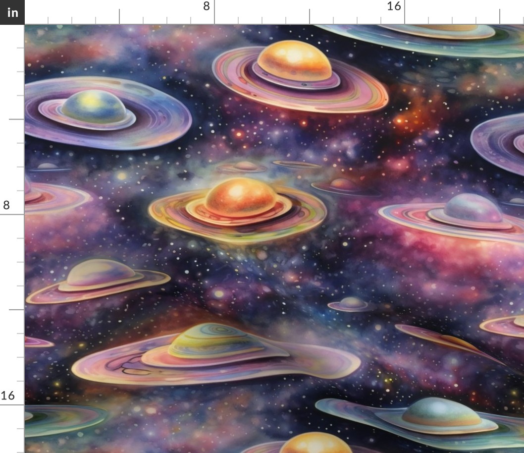 UFO Spaceship Space Stars, Colorful Watercolor Fantasy Rainbow, Outer Space, Fantastic
