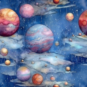 Space Planets Stars, Colorful Watercolor Fantasy Rainbow, Outer Space Nebula, Blue Clouds