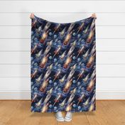 Rocketship Rocket Stars Planets Space, Colorful Watercolor Fantasy Rainbow, Wispy Clouds