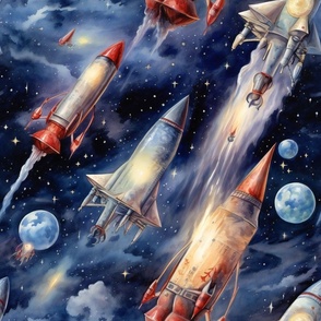 Rocketship Rocket Stars Planets Space, Colorful Watercolor Fantasy Rainbow, Wispy Clouds