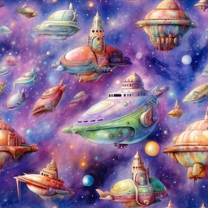 Alien Spaceship UFO Steampunk Rocketship, Colorful Watercolor Fantasy Rainbow, Stars Planets Clouds