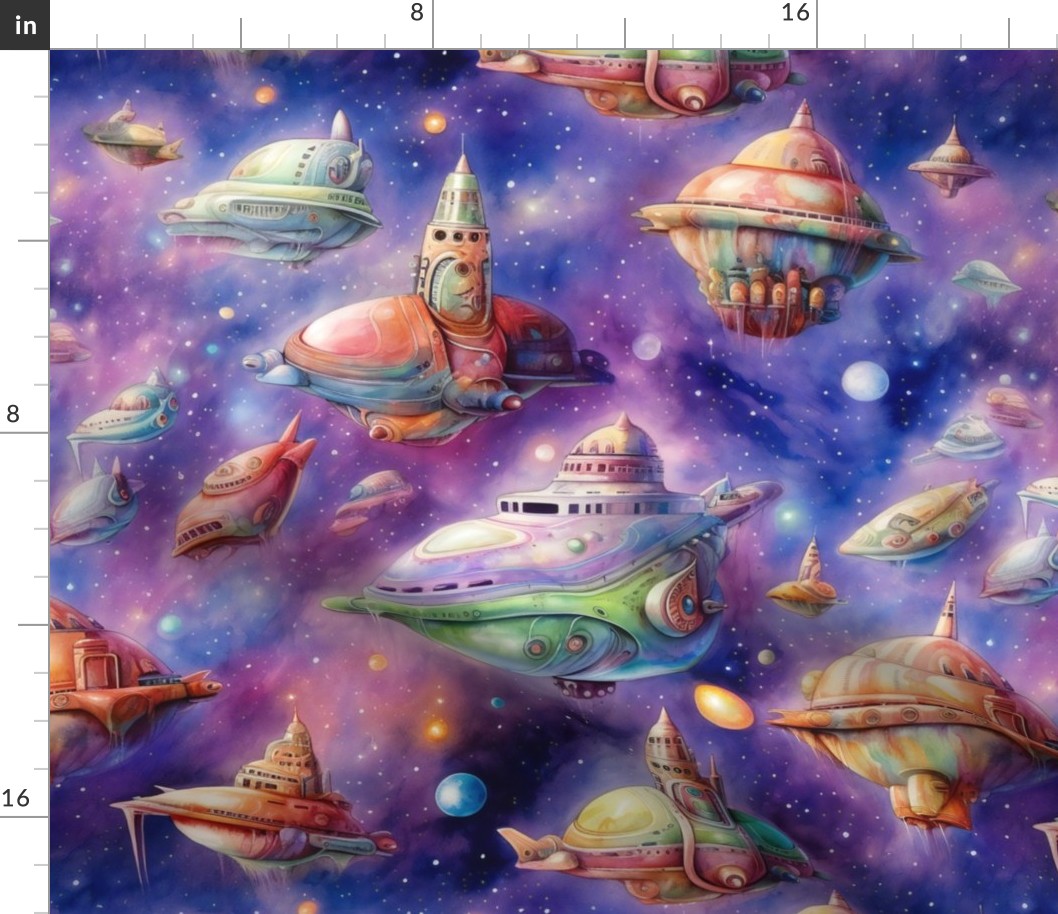 Alien Spaceship UFO Steampunk Rocketship, Colorful Watercolor Fantasy Rainbow, Stars Planets Clouds