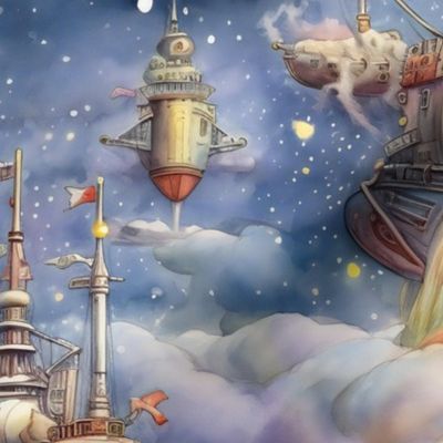 Airship Steampunk Zeppelin Ship Sail Boat Space, Colorful Watercolor Fantasy Rainbow, Sky Bubbles