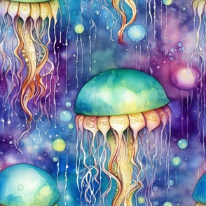 Glowing Jellyfish Jelly Fish, Colorful Watercolor Fantasy Rainbow, Luminous Space Green Jellies