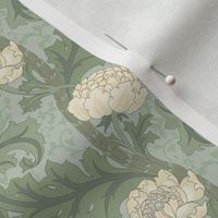 Arts and Crafts Blooming Floral Vanilla White Blooming Peonies on Sage Green