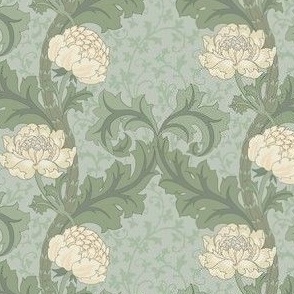 Arts and Crafts Blooming Floral Vanilla White Blooming Peonies on Sage Green