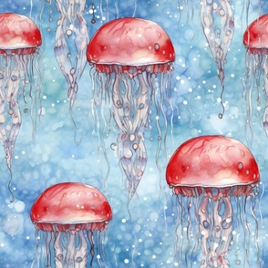 Glowing Jellyfish Jelly Fish, Colorful Watercolor Fantasy Rainbow, Luminous Space Red Jellies
