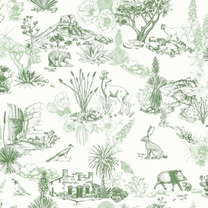 Texas Toile, Big Bend National Park, JUMBO GREEN bear cougar Southwest french country cactus HALF DROP. please see description for wallpaper