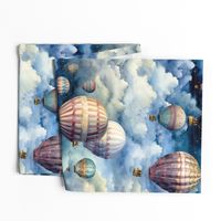 Hot Air Balloons, Colorful Watercolor Fantasy Rainbow, Clouds Sky Stars Steampunk, Blue