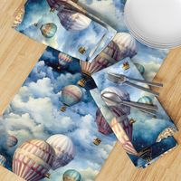 Hot Air Balloons, Colorful Watercolor Fantasy Rainbow, Clouds Sky Stars Steampunk, Blue