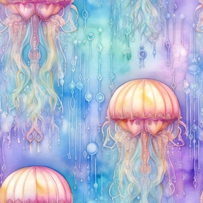 Glowing Jellyfish Jelly Fish, Colorful Watercolor Fantasy Rainbow, Luminous Space Irridescent Jellies
