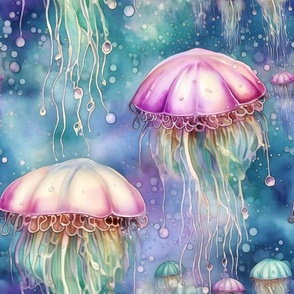 Glowing Jellyfish Jelly Fish, Colorful Watercolor Fantasy Rainbow, Luminous Space Pink Jellies