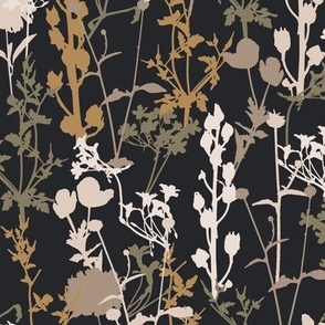 Small | Whimsical Magical Flower Field with Botanical Flowers in Greige Grey Beige Ochre Yellow Terracotta Sage Green on Moody Charcoal Black in Floral Farmhouse, Boho Country Home, Romantic Cottage Chic for Garden Tablecloth, Kitchen Wallpaper, Romantic 