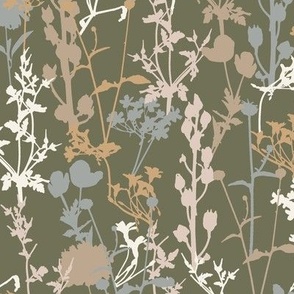 Small | Whimsical Magical Flower Field with Botanical Flowers in Ivory Taupe Terracotta Light Blue Beige on Sage Green Olive Green in Floral Farmhouse, Boho Country Home, Romantic Cottage Chic for Garden Tablecloth, Kitchen Wallpaper, Romantic Fabric