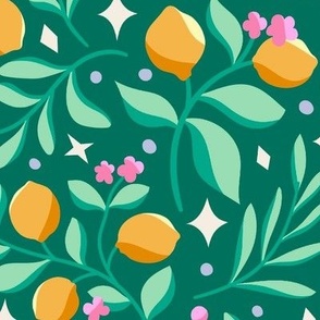 Seamless Glittery Pattern With Lemons and Flowers (Green)