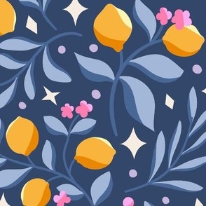 Seamless Glittery Pattern With Lemons And Flowers (Purple)