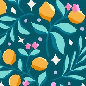 Seamless Glittery Pattern With Lemons And Flowers (Teal)