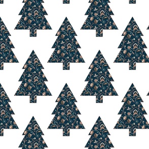 Christmas trees grid with boho chintz pattern blue - large scale