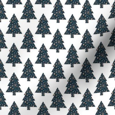 Christmas trees grid with boho chintz pattern blue - small scale
