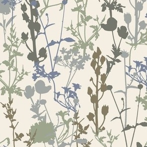 Small | Whimsical Magical Flower Field with Botanical Flowers in Olive Green Sage Mint Cornflower Blue Grey Green Pale Blue on Ivory Ecru Off-White in Floral Farmhouse, Boho Country Home, Romantic Cottage Chic for Garden Tablecloth, Kitchen Wallpaper