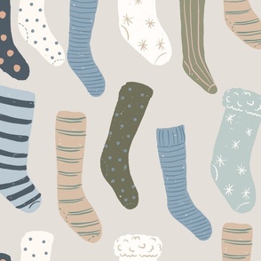 large Stockings Hung with care in grey, navy blue, olive green, artichoke and cornflower blue